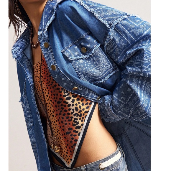 Dark Wash Paisley Print Frayed Detail Button Down Oversized Denim Jacket - Picture 8 of 8